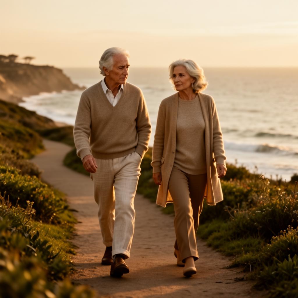 An accomplished couple walking a coastal path at golden hour