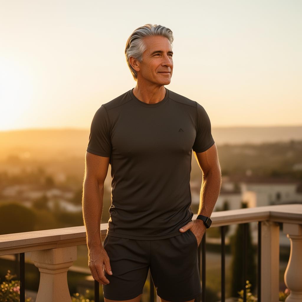 A confident, vital man on a sunlit terrace — precision wellness for the highly accomplished